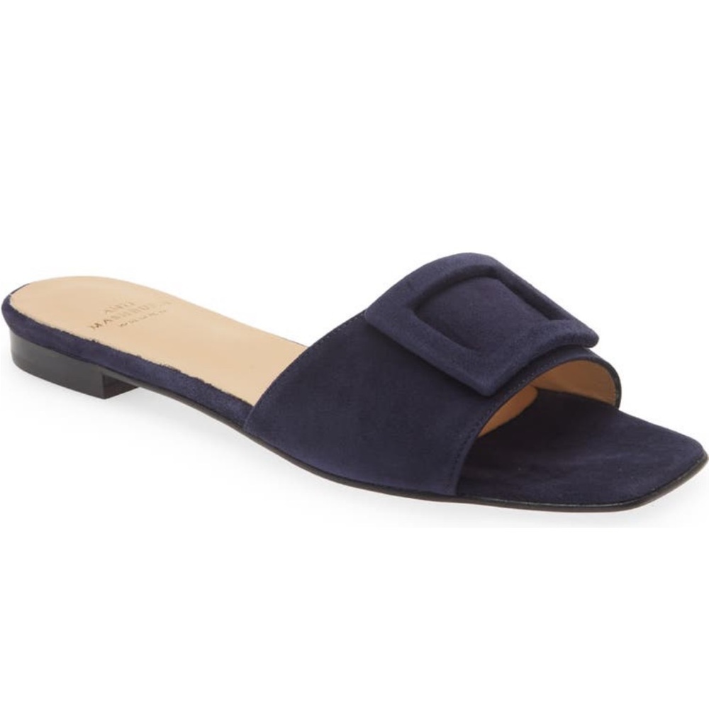 Ann Mashburb Navy Buckle Slides